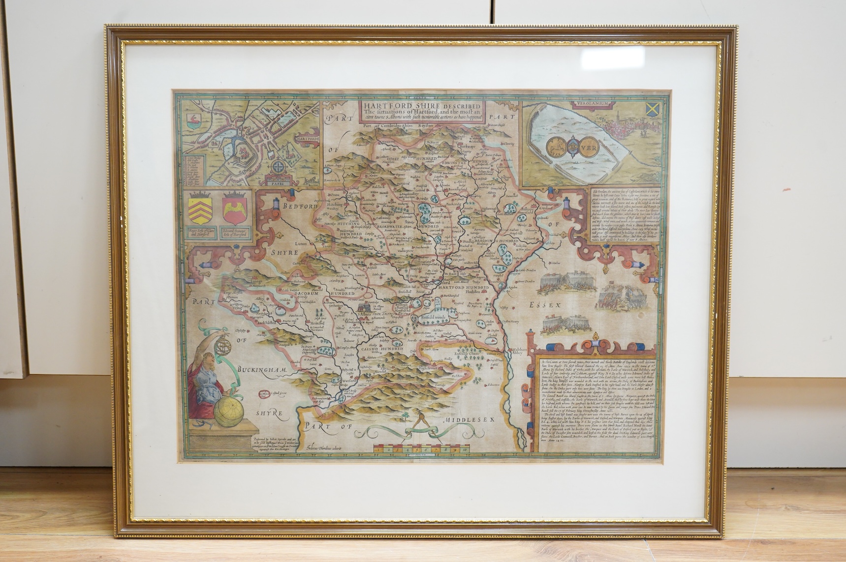 John Speed (1552-1629), Hertfordshire, described the situations of Hartford and the most ancient towne S. Albans with such memorable actions as have happened, sold by Roger Rea the elder and younger, hand coloured engrav